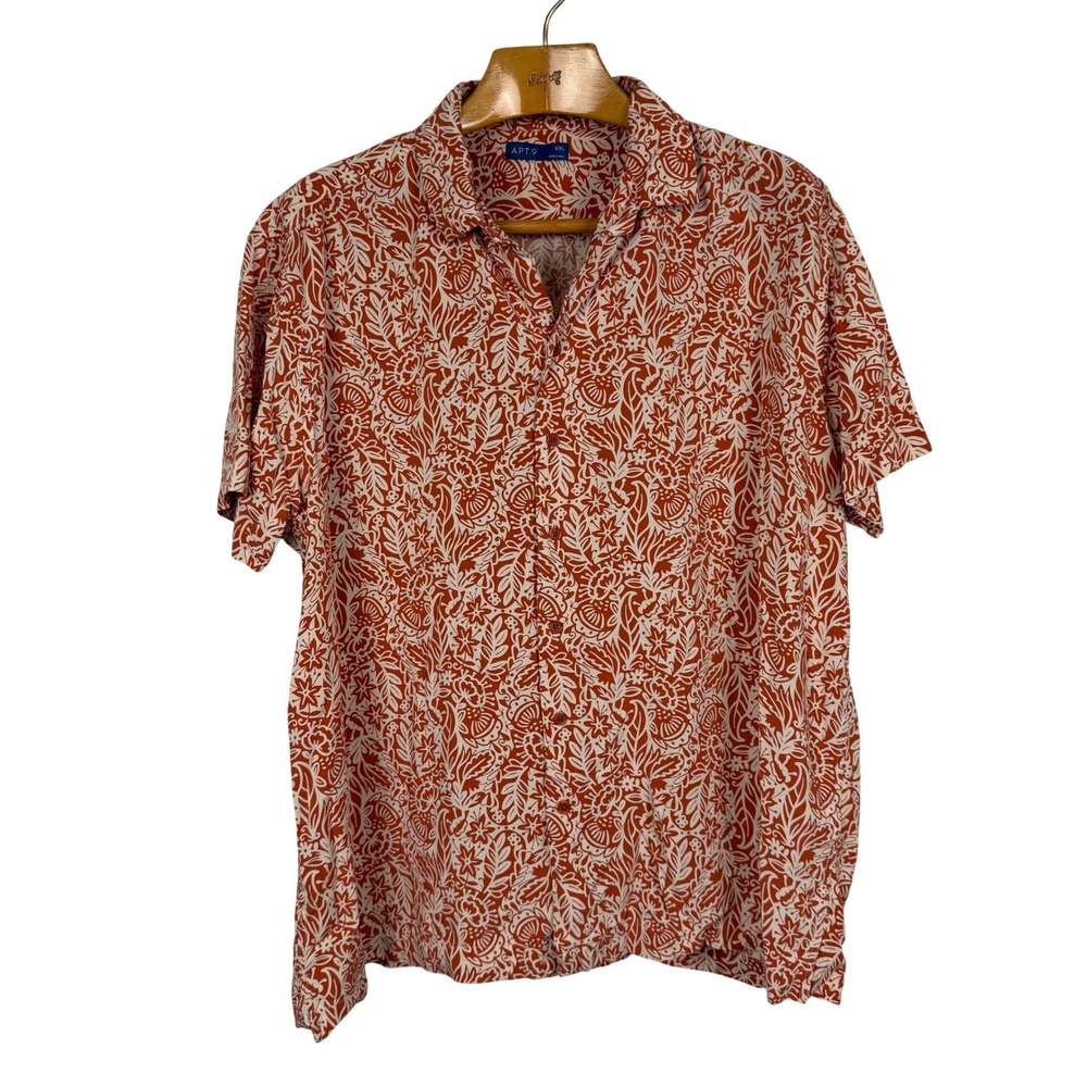Apt. 9 Button Down Shirt Floral Block Print XXL Orange Rayon Short Sleeve